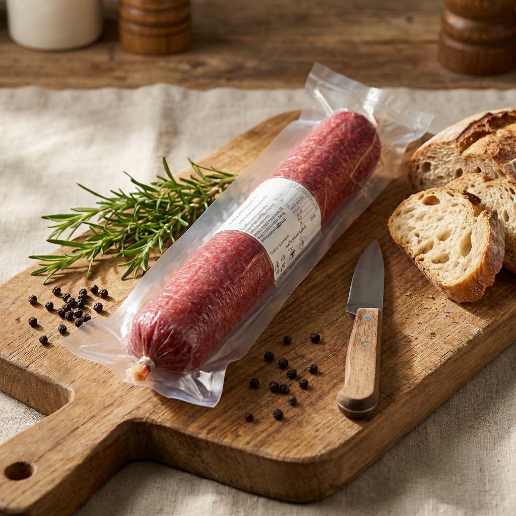 Wurst, Salami, Vakuumverpackt, Holzbretter, Rosmarin