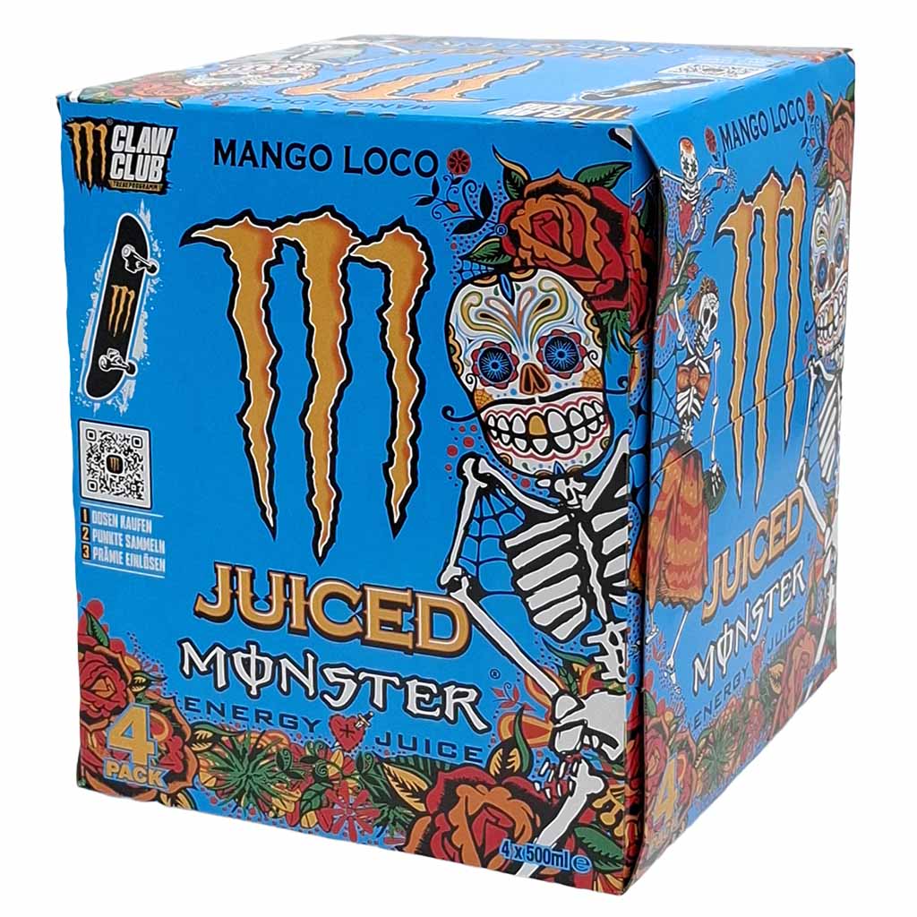 Energetisches Getränk, Monster Saft, Mango Loco, Schädel-Grafik, 4er Pack