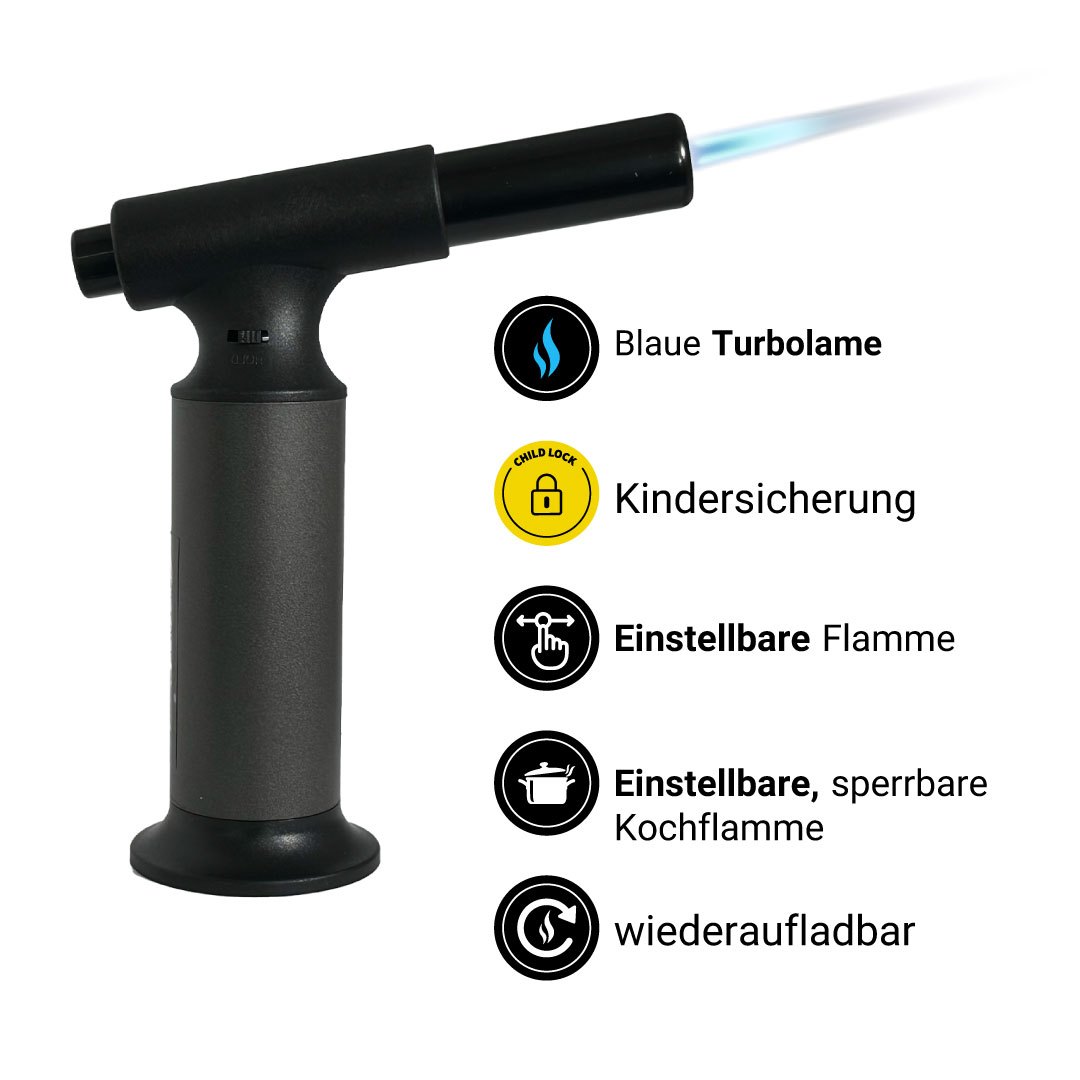 Gasbrenner, Blau Flamme, Kindersicherung, Einstellbare Flamme, Wiederaufladbar