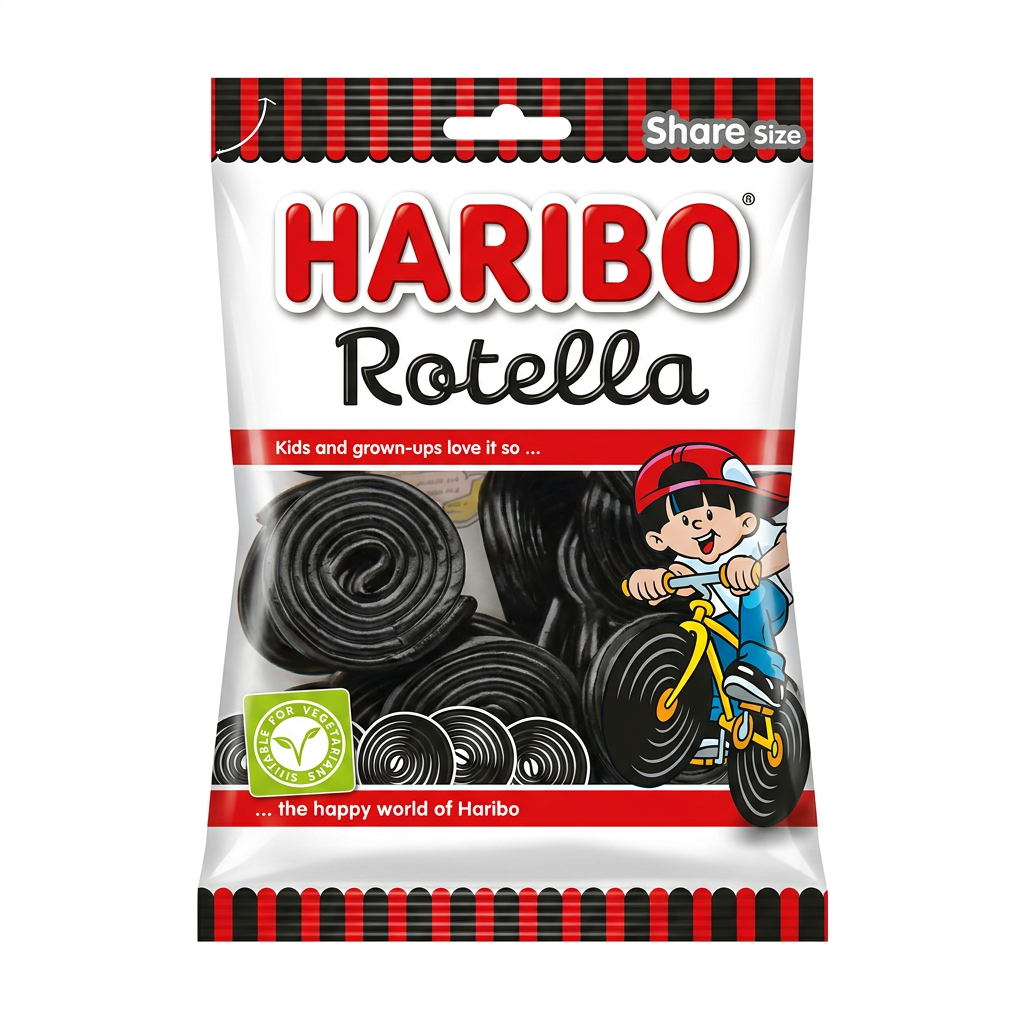 Schwarze Süßigkeit, Löwensenker Ringe, Haribo, Kinder-Snack, Verpackungssüßigkeit