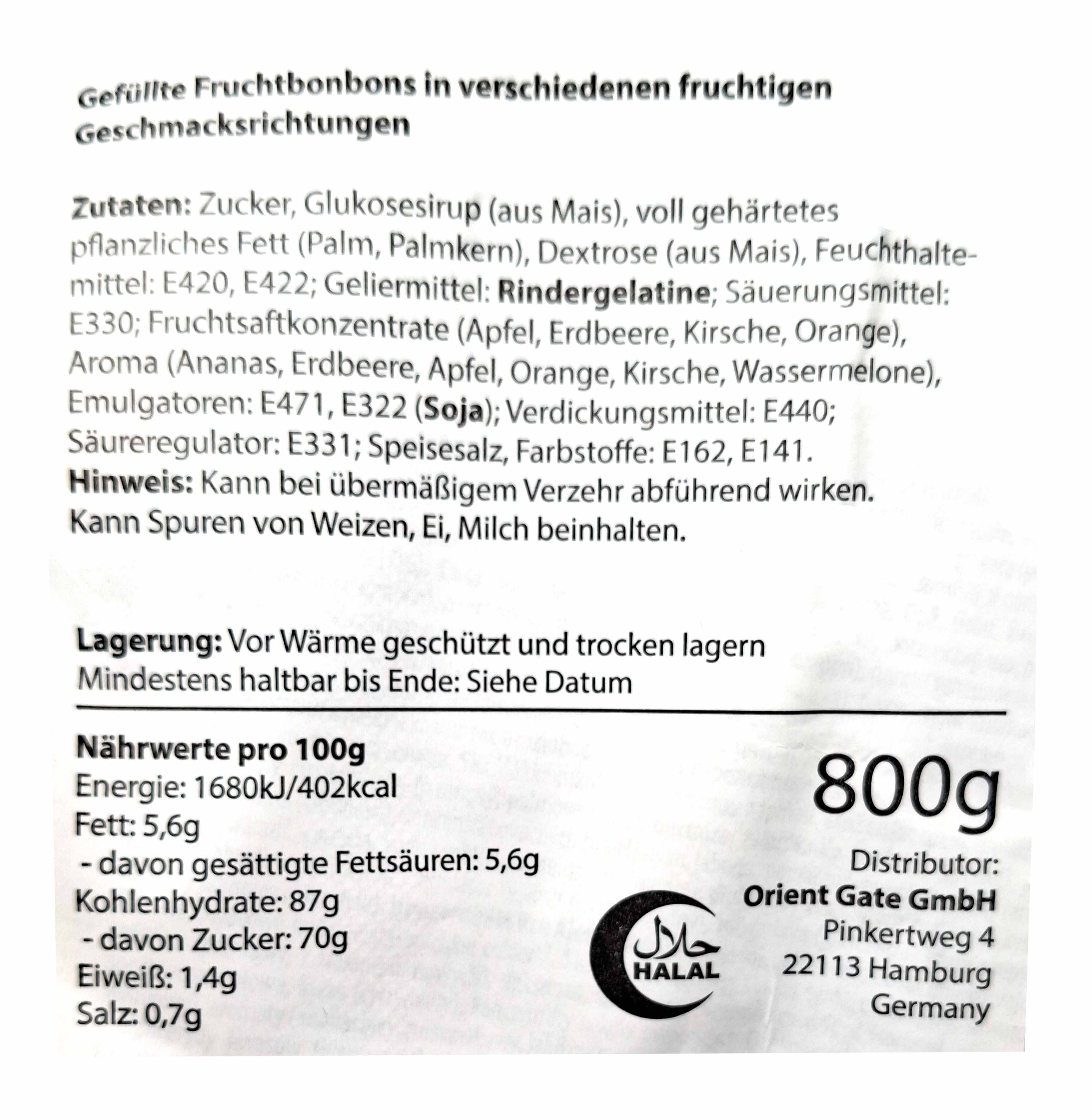 Fruchtbonbons, Zutaten, Halal, Nährwerte, 800g