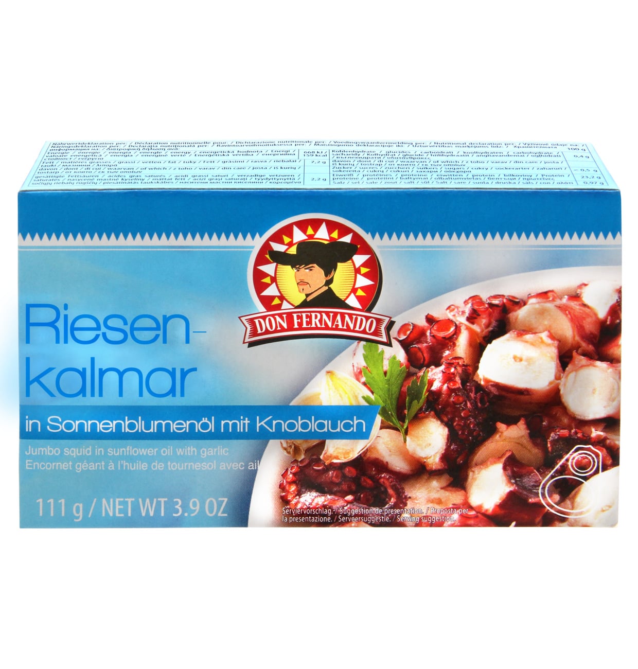 Don Fernando Riesenkalmar in Sonnenblumenöl mit Knoblauch 111g MHD 19.05.29