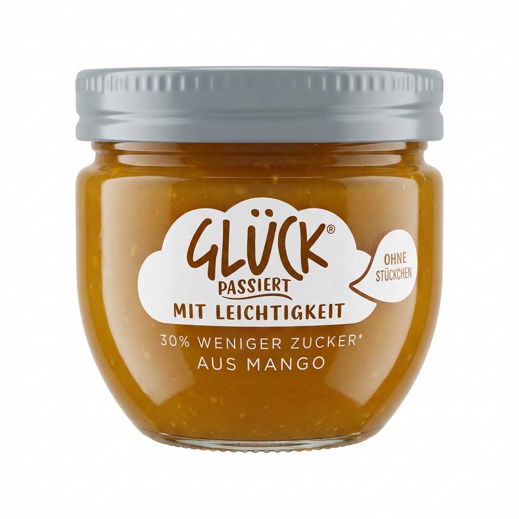Mango Marmelade, Glück, Glück passiert, ohne Stückchen, 30% weniger Zucker