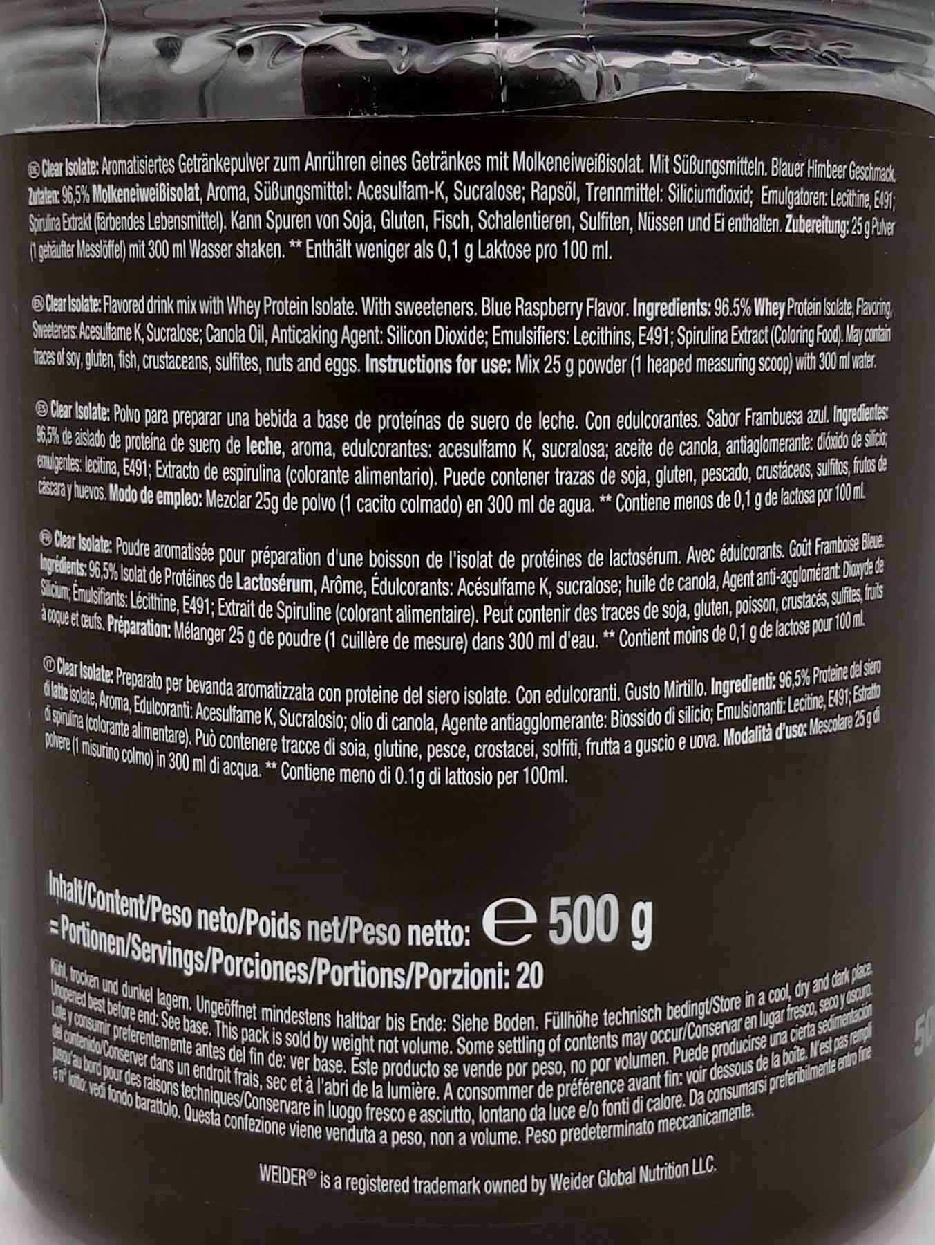Weider Clear Isolate 500g Blue Raspberry Flavour