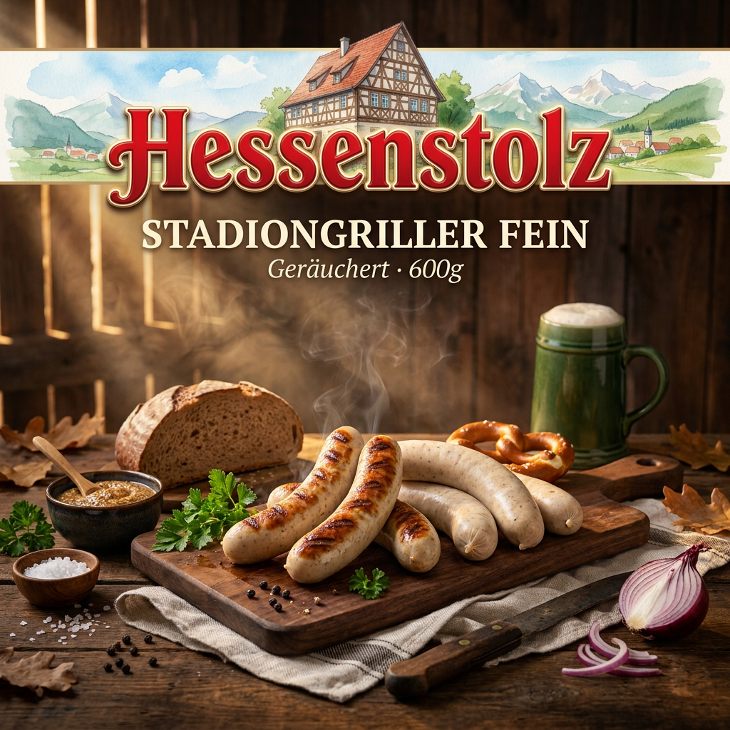 Wurstplatte, gegrillte Würste, Brotlaib, Zwiebeln, Bierkrug