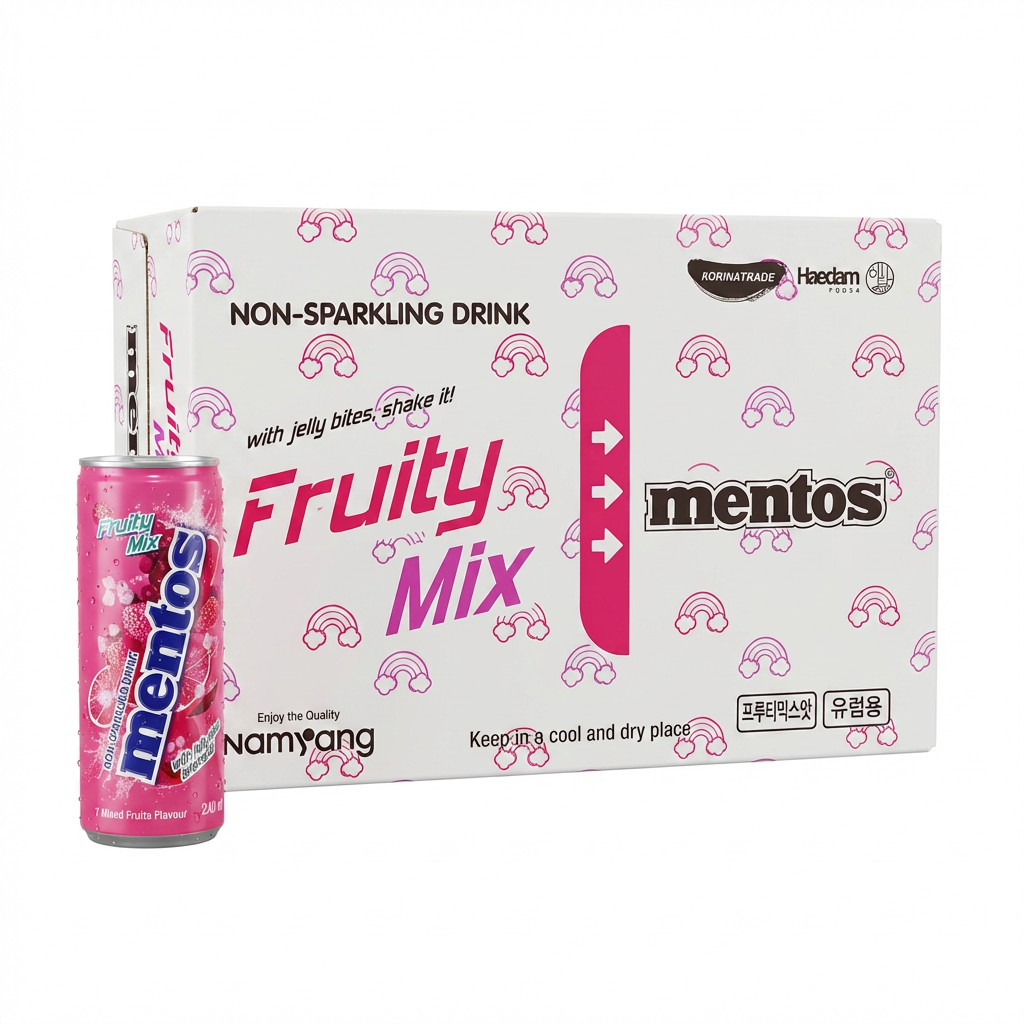 Nicht-Sprudelndes Getränk, Fruity Mix, Menthos, Rote/pinke Dose, Verpackter Snack
