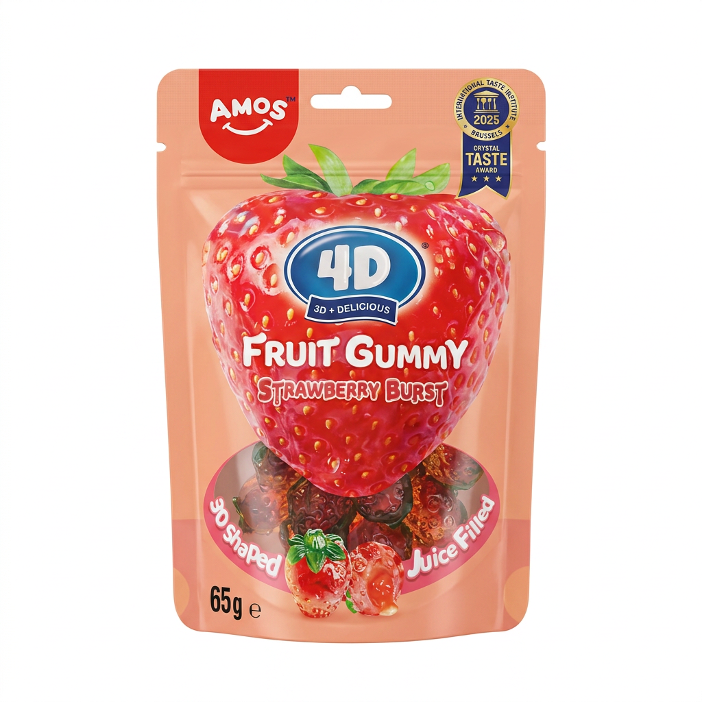 Fruchtgummi, Erdbeere, 4D, 65 g, Snackbeutel