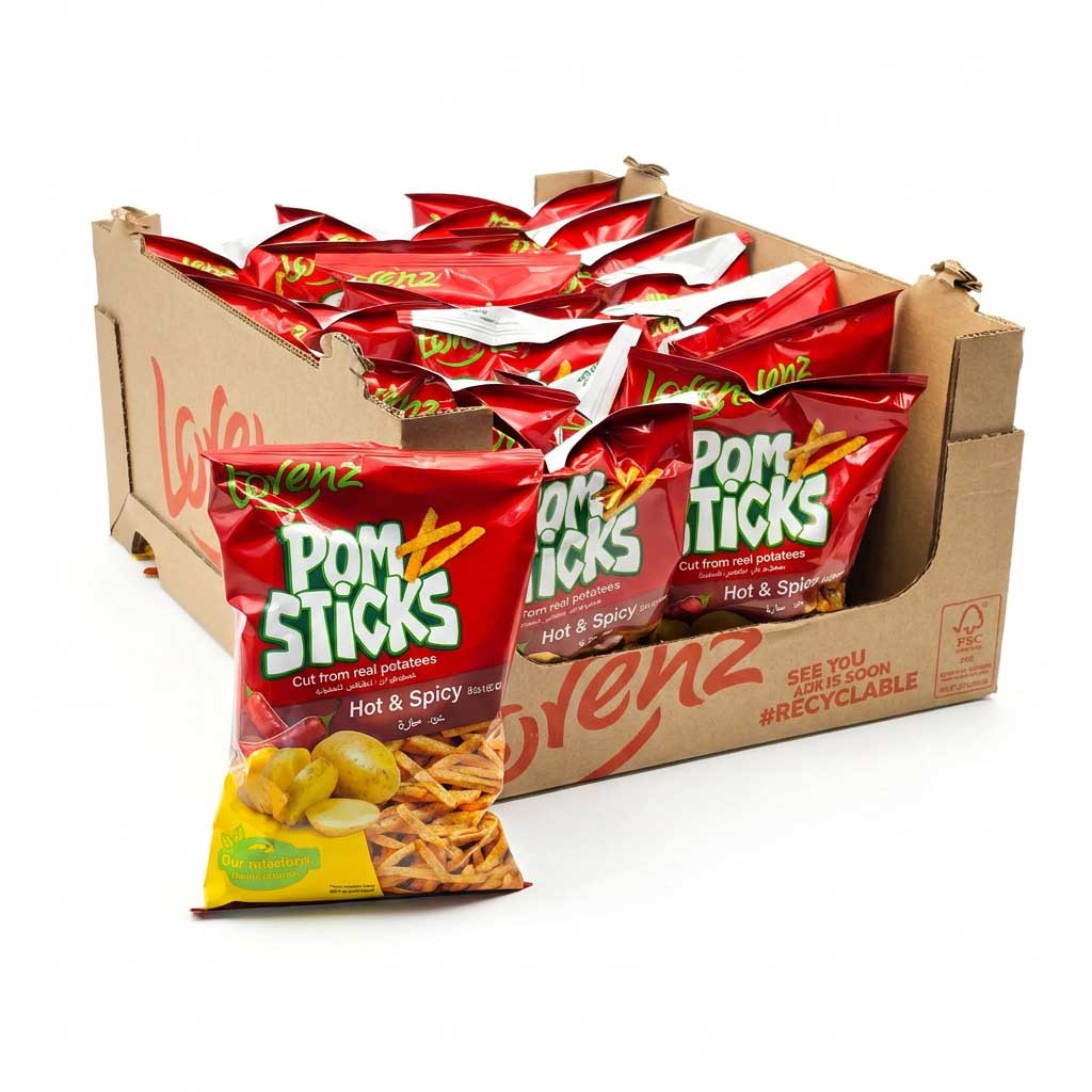 Pom Sticks, Kartoffelchips, Hot & Spicy, Snack, Knackige Tüte