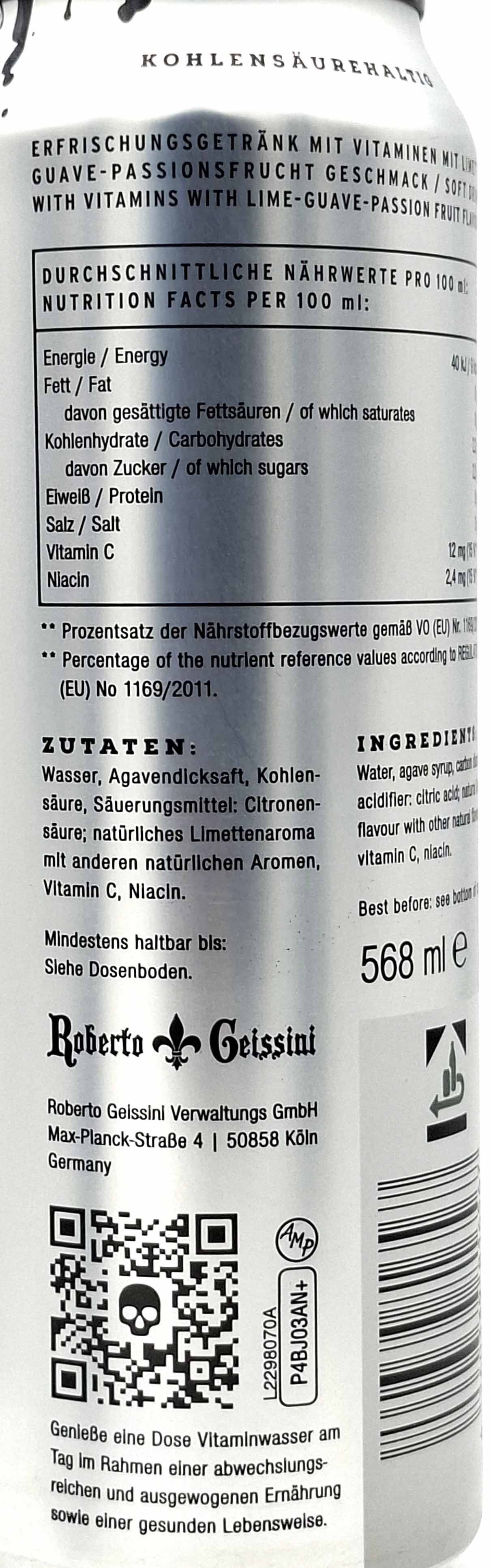 Kohlesäurehalt, Erfrischungsgetränk, Vitamin C, Niacin, Zutatenetikett