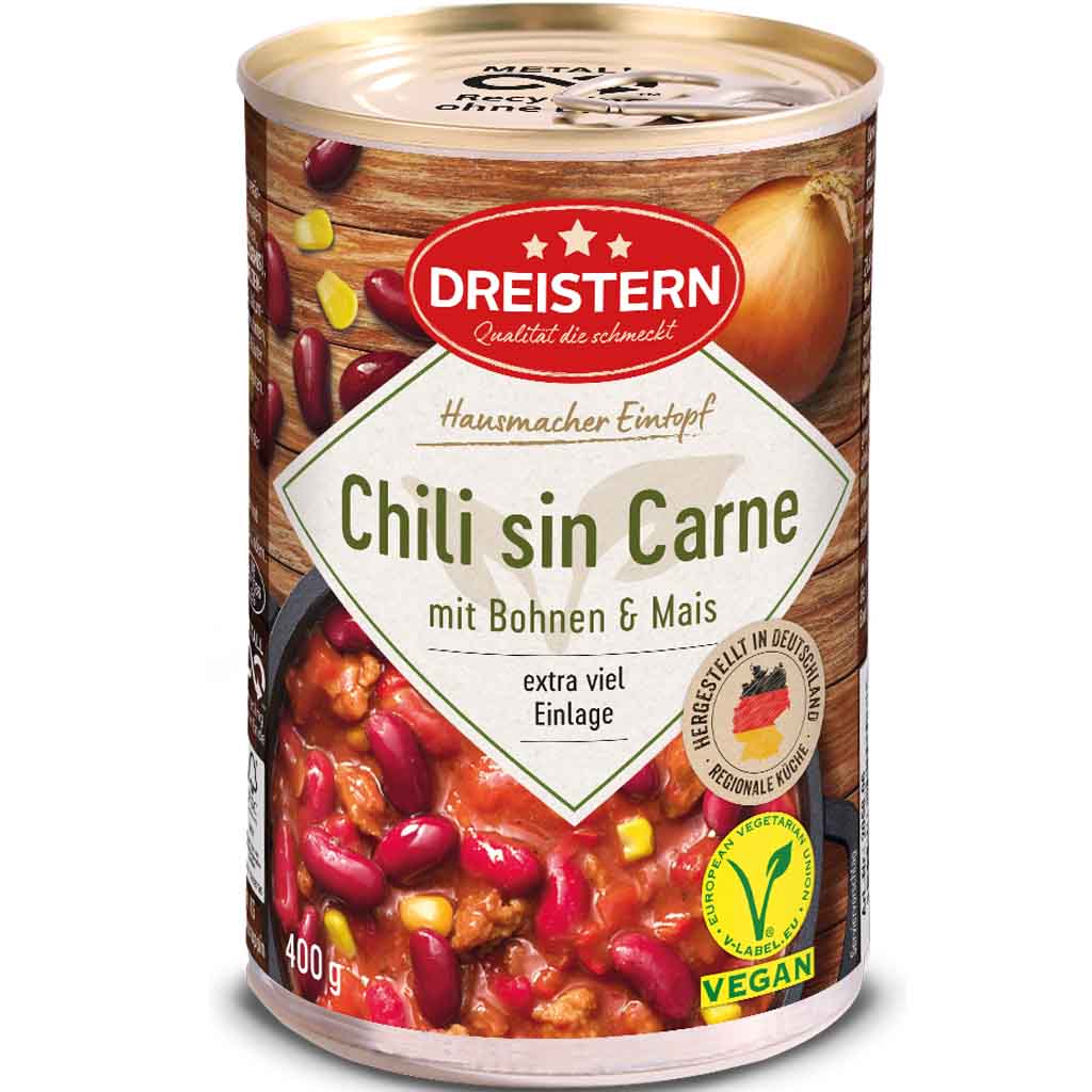 Dreistern Hausmacher Eintopf Chili sin Carne mit Bohnen & Mais 400g MHD 29.05.29