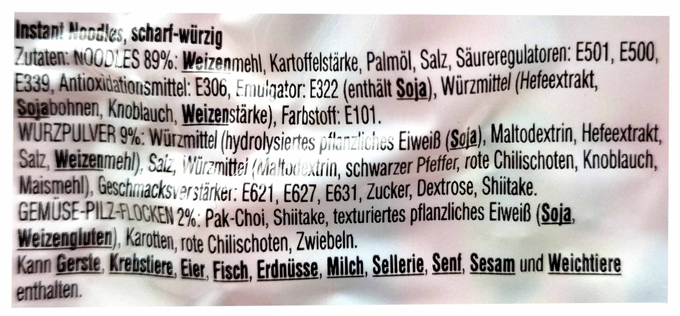 Schnellnudeln, würzig, Weizenmehl, Stärke, Soja