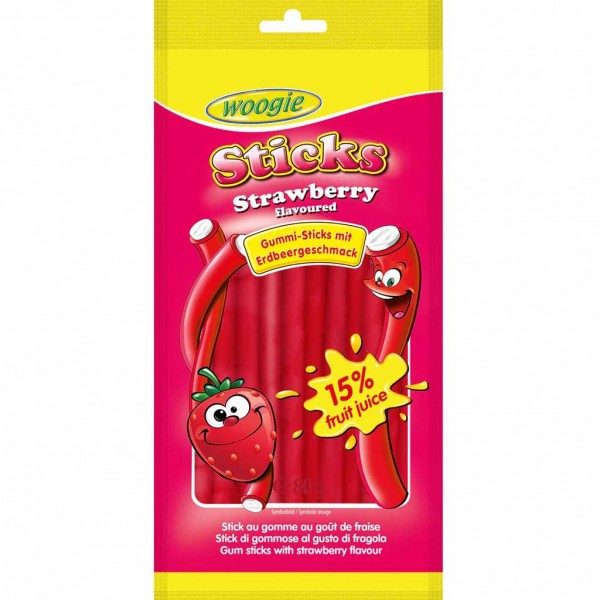 Woogie Sticks Strawberry 80g Fruchtgummi Sticks mit Erdbeergeschmack