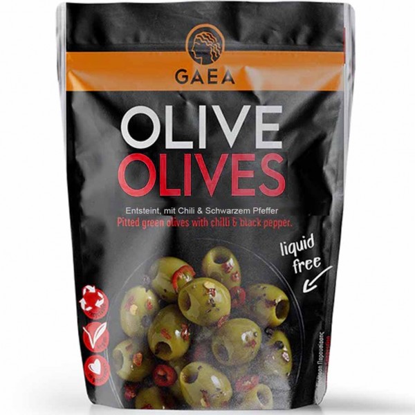 GAEA Greek Olives entsteinte griechische Oliven mariniert mit Chili &amp; schwarzen Pfeffer 150g MHD:25.