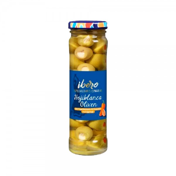 Ibero Grüne Hojiblanca Oliven mit Paprikapaste und Mandeln Handgelegt 90g MHD:15.7.26