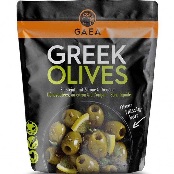 GAEA Greek Olives entsteinte griechische Oliven mariniert mit Zitrone &amp; Oregano 150g MHD:25.8.23
