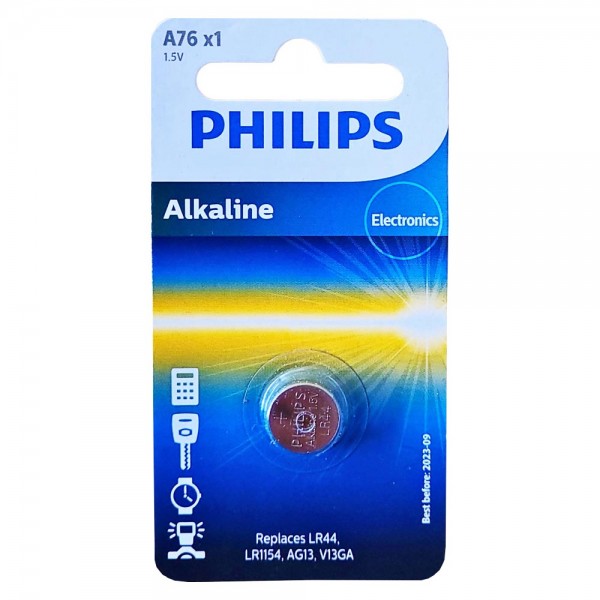 Philips Alkaline Batterie Knopfzelle A76-LR44-LR154- AG13-V13GA MHD:30.9.23