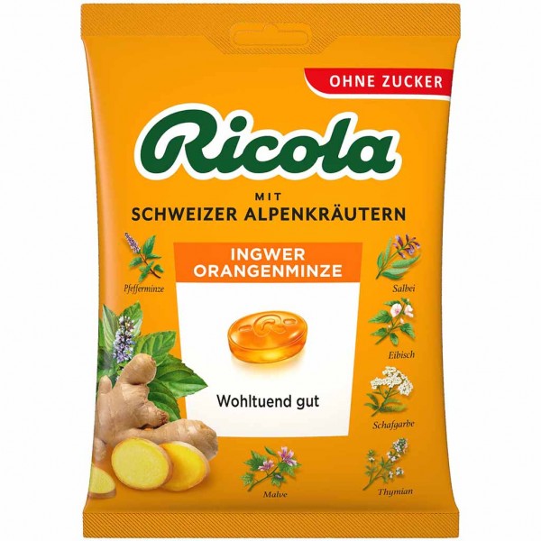 Ricola Ingwer Orangenminze Bonbons zuckerfrei 75g MHD:31.1.26