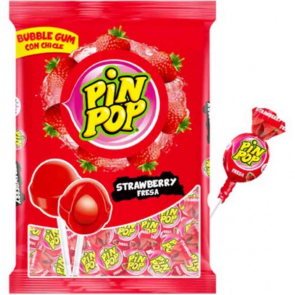 Pin Pop Lutscher Erdbeer mit Kaugummikern 12er 180g MHD:17.10.25