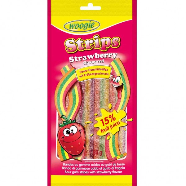 Woogie Sour Strawberry Strips 80g MHD:13.6.25