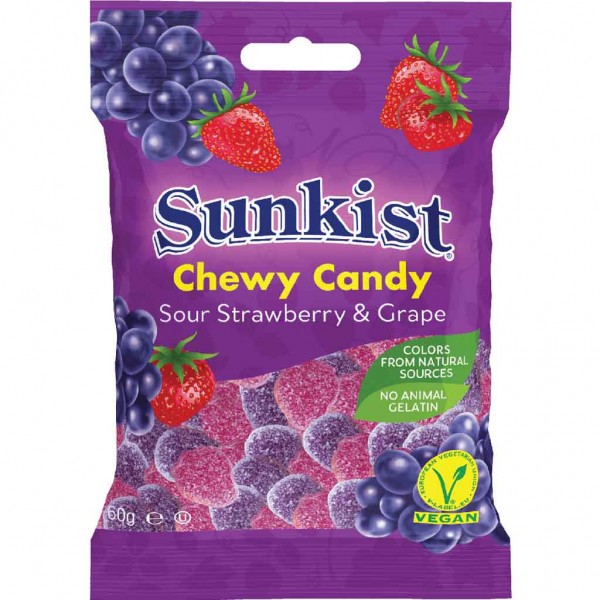 Sunkist Chewy Candy Sour Strawberry &amp; Grape 60g MHD:6.2.22