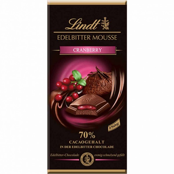 Lindt Edelbitter Mousse Cranberry 70% Kakao Tafelschokolade 150g MHD:30.11.24