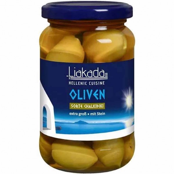 Liakada Grüne Chalkidiki Oliven extra groß mit Stein 200g MHD:17.8.26
