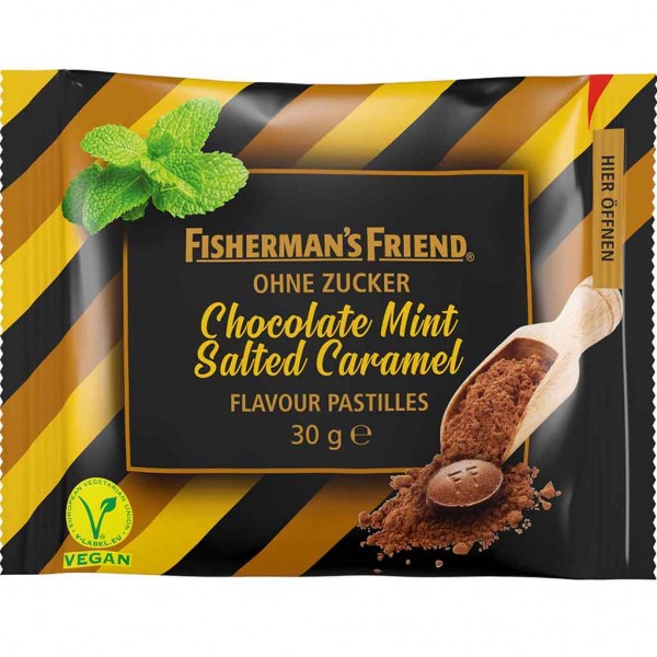 Fishermans Friend Chocolate Mint Salted Caramel ohne Zucker 30g MHD:30.12.26