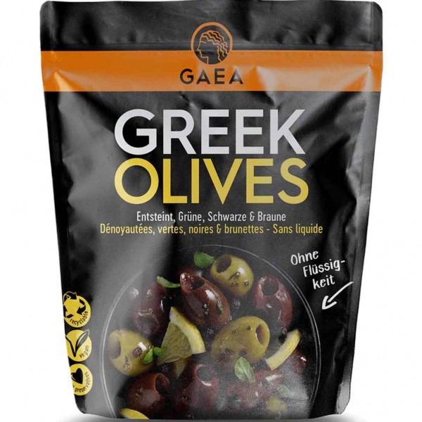 GAEA Greek Olives entsteinte griechische Oliven mariniert mit Zitrone &amp; Basilikum 150g MHD:26.8.23