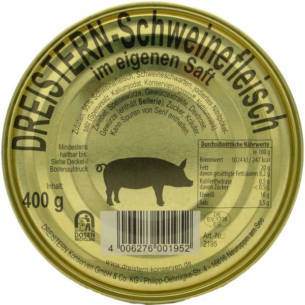 Dreistern Schweinefleisch im eigenen Saft Konserve 400g MHD:11.1.26