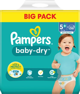 Pampers Windeln Baby Dry Gr.5+ Junior Plus (12-17 kg), Big Pack, 56 Stück